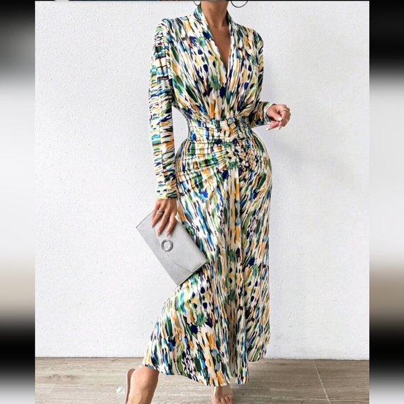 Allover Print Batwing Sleeve Ruched Asymmetrical Hem Dress Maxi Women Outfit - Picture 1 of 6
